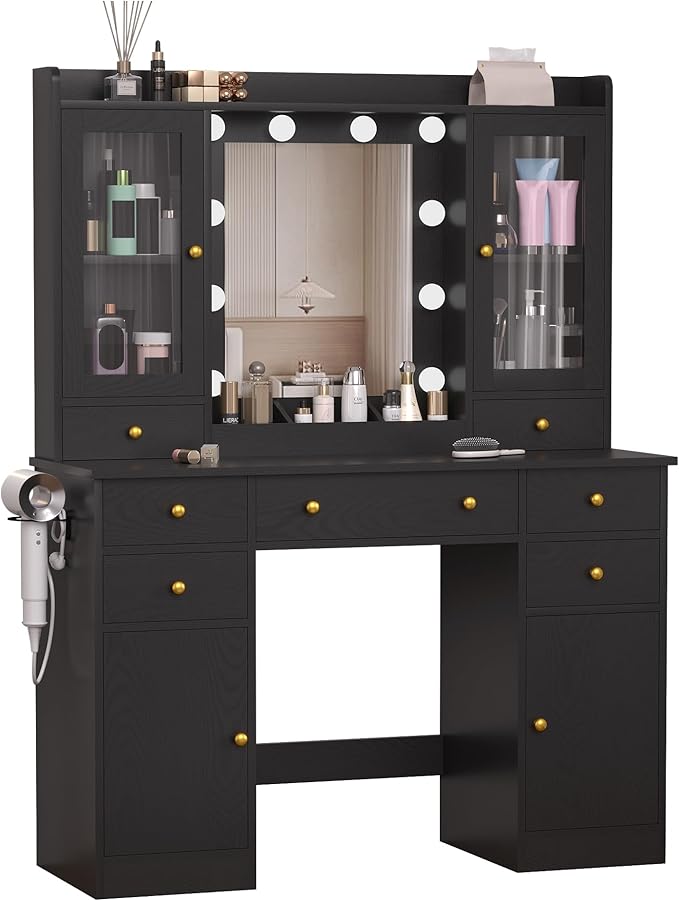 Vanity Desk with Mirror and Lights, 43" Black Makeup Vanity Set with 5 Drawers & Glass Cabinets, Power Outlet, Adjustable LED Lights & Makeup Tray, Dressing Table for Women & Girls Bedroom