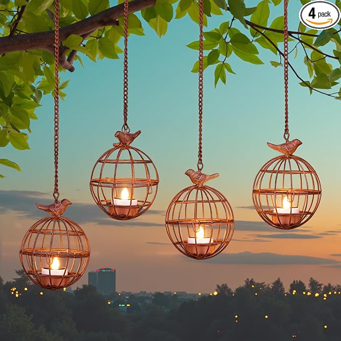 Outdoor Solar Hanging Lantern Lights, 4 Pack Rustic Ball Birdcage Hanging Candle Holder with Solar Tea Lights, Waterproof Chandelier for Patio, Backyard, Pergola, Tree Decor (Dark Orange)