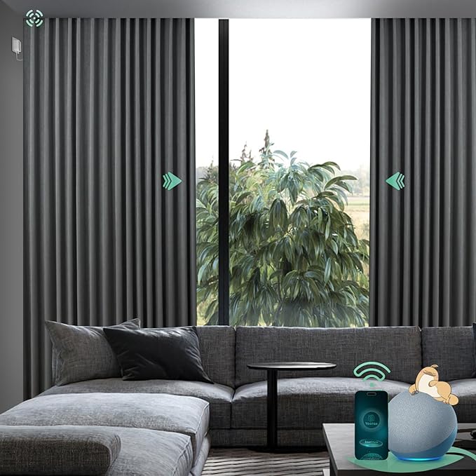 Yoolax Smart Retractable Curtain Compatible with Alexa and Google Home, Motorized Curtain Hardwired with Remote Customized Size (Shiny Silver Grey)