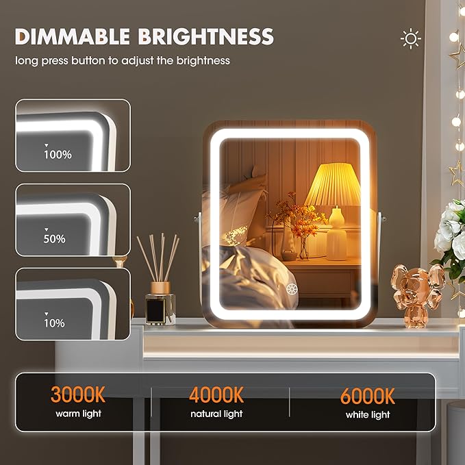 Hasipu Vanity Mirror with Lights, 10" x 12" LED Makeup Mirror, 3 Modes Light, Smart Touch Control Dimmable, 360°Rotation, Rectangle White Frame