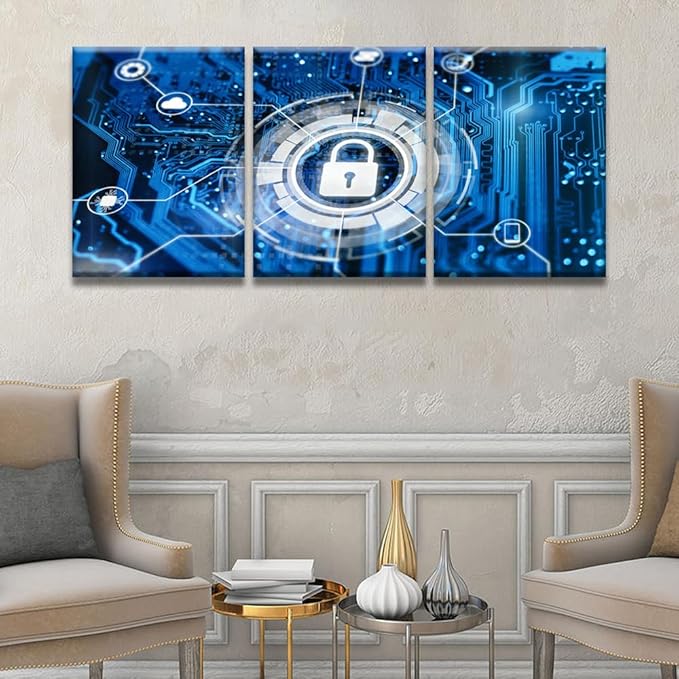 Modern Wall Art 3 Panel Cybersecurity and Secure Nerwork Internet Technology Pictures Print on Canvas for Living Room Wall Decoration, Framed Wall Art, 12x16inchx3
