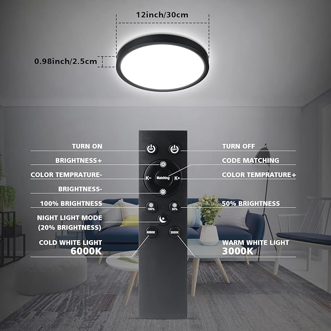 Unicozin Dimmable LED Flush Mount Ceiling Light with Remote Control, Wired 3000K-6000K Color Changing, 12Inch 24W(150W Equiv) 2200LM, Round Flat Ceiling Lamp Black for Bedroom, Living Room, Kitchen
