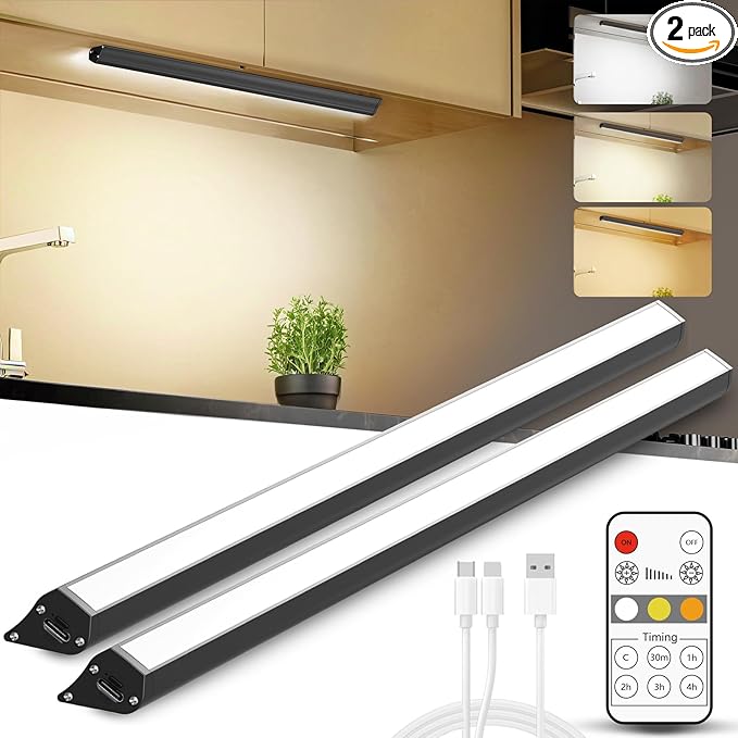 Under Cabinet Lighting Wireless, 2400mAh Rechargeable Cabinet Light, Battery Operated, Magnetic, Stick on, 106 LED 3-Color Shelf Lights, dimmable, with Remote Control(Black, 2-Pack, 12.2 inch
