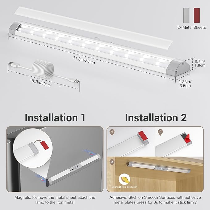 WOBANE LED Closet Lights Motion Sensor with Eye-Protection,Rechargeable Wardrobe Lighting with 3 Color,Dimmable Battery Operated Light Indoor for Bed,Shelf,Drawers,Gun Safe,900mAh,1PCS