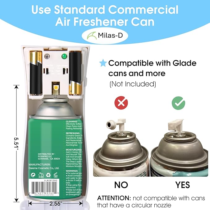 Automatic Air Freshener Spray Dispenser, Custom Timing (Day/Night/24H, 7.5/15 min interval), Wall Mounted or Free Standing, for Home and Commercial, Compatible with Glade Refill Can, White, Milas-D