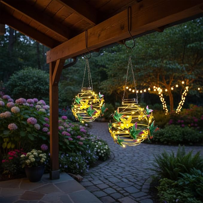 2 Pack Hummingbird Solar Lights Outdoor Hanging Lantern with Handle, Solar Powered Hummingbird Garden Decor for Outside Patio Yard Porch Pathway Hummingbird Gifts for Women (Warm White LED Lights)