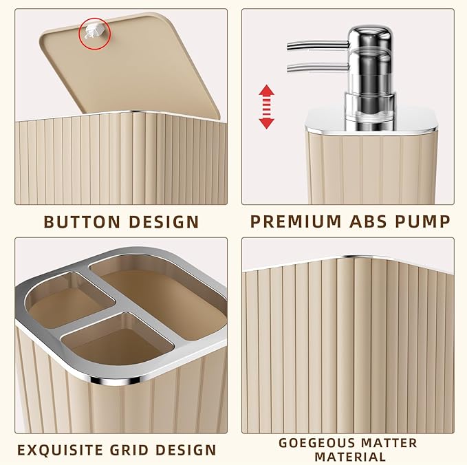 XLHOMO Bathroom Accessories Set - 25PC Bathroom Sets with Shower Curtain and Rugs, Beige Bathroom Set with Trash Can, Soap Dispenser, Soap Dish & Toilet Brush