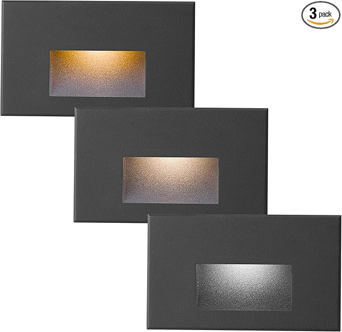 Step Lights Outdoor 12V Low Voltage 4W LED Stair Lights Indoor 3 Color Adjustable 3000K/4000K/5000K, 150LM IP66 Waterproof Black Light for Steps Horizontal, 3-Pack