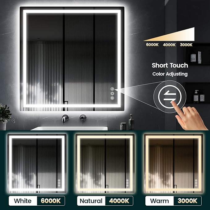 36"x 36" Bathroom Mirror for Over Sink, Anti-Fog LED Bathroom Mirror with Lights, Memory 3 Colors Modes & Dimmable Bathroom Vanity Mirror