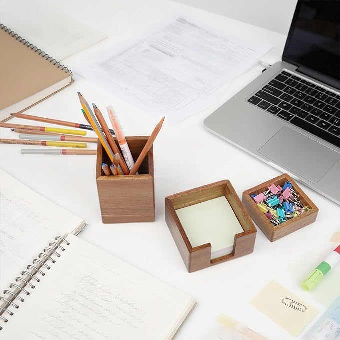 RAWILL 3 PCS Black Wooden Desk Organizer Set Pine Wood Office Desk Accessories with Pen Holder, Paperclip Storage and Sticky Note Holder, Wood Grain Clear, Ideal Gift for Office and Family
