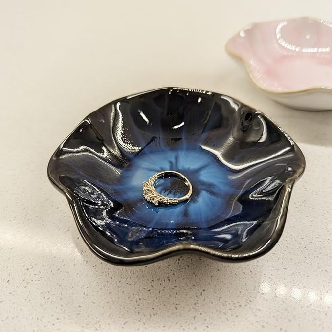2Pcs Ceramic Jewelry Dish - Lotus Leaf Shape, for Ring Holder Necklace Small Key, Suitable for Mother Friend Sister, Gifts for Women, Cute Plate Trinket Tray, Home Decor (Green & Blue)