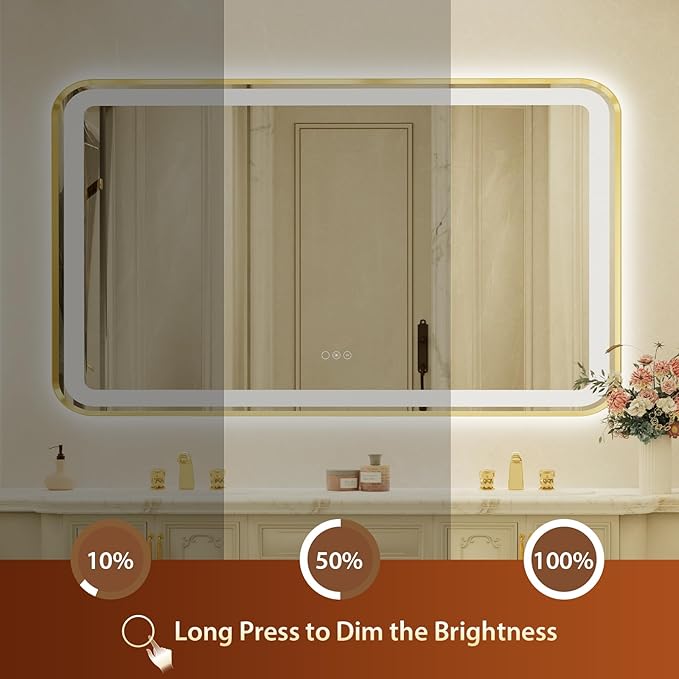 36x60 Inch LED Bathroom Mirror with Gold Frame,Front and Backlit Vanity Mirror, Stepless Dimmable Wall Mirrors with Anti-Fog, 3 Colors, Memory, Waterproof, LED Smart Bathroom Mirror