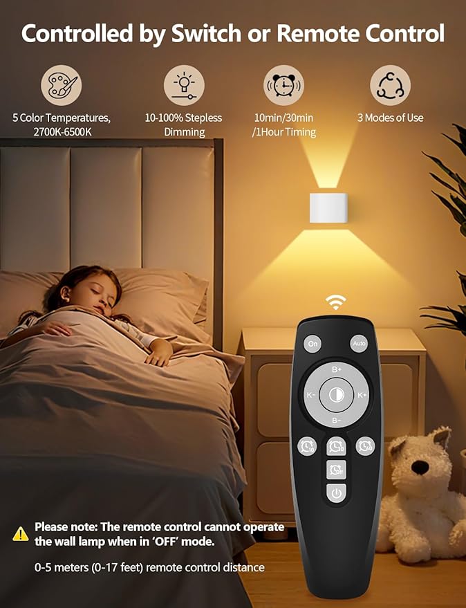 Battery Operated Wall Lamps with Motion Sensor, 6000mAh Rechargeable Wireless LED Sconce with Remote Control, Stepless Dimming, 2700-6500K, Adjustable Beam Angle, White Wall Lights for Bedroom, 2-Pack