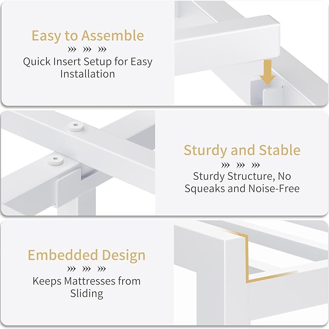 Queen White Metal Bed Frame with USB Charging Station, LED Ambient Lighting, and Wooden Storage Headboard - Includes Under-Bed Storage, No Box Spring Needed, Noise Free, Easy to Assemble