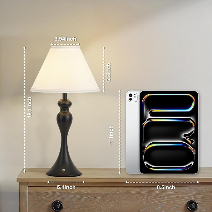 Rechargeable Cordless Table Lamps, Battery Operated Lamp with Fabric Shade for Decor, 3 Color Stepless Dimming LED Table Light, Nightstand Lamp for Nursery, Bedroom, Living Room, Home Office (Black)