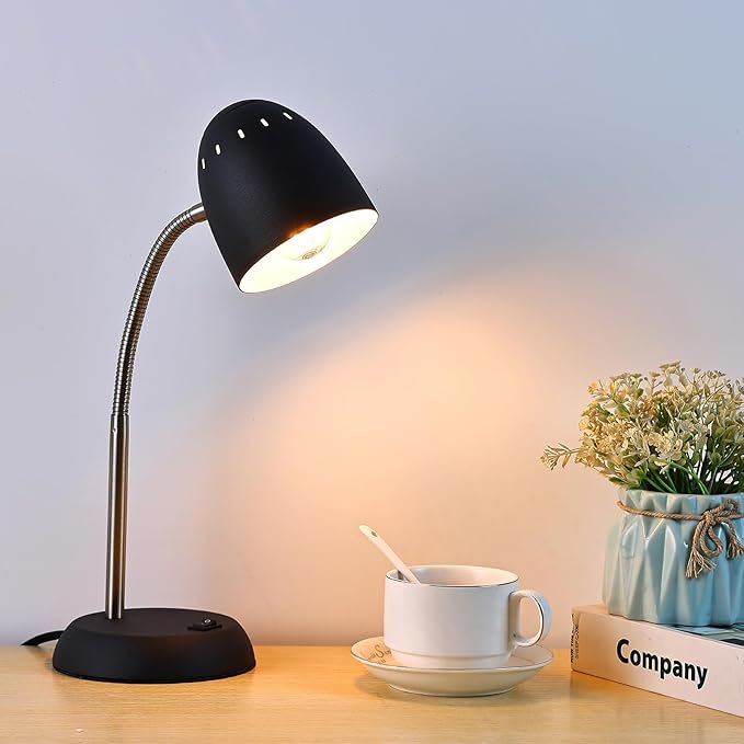 Eye-Caring Table Lamp of Simple Designs Home E26 Led Screw Basic Metal Desk Lamp with Flexible Gooseneck Hose Neck Study Lamp for Bedroom Office Living Room Convenient On/Off Switch(Black)