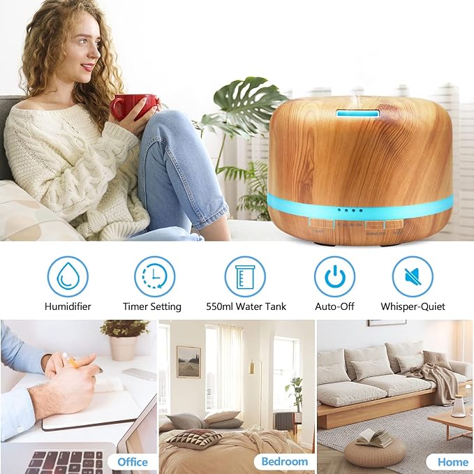 Essential Oil Diffuser, 500ml Aromatherapy Diffuser With Remote Control, DAROMA Ultrasonic Aroma Diffuser Nebulizing Cool Mist Humidifier, 7 Color Mood Lights & Waterless Auto-Off for Home Office Gift