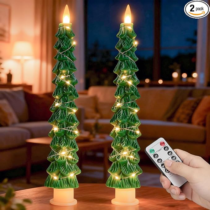 2-Pack Christmas Tree Flameless LED Candles with String Lights, Realistic 3D Flickering Flame, Remote Control, Battery-Operated Christmas Decorations for Home & Holiday Display