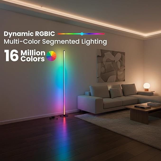 Smart RGBIC Corner Floor Lamp with App & Remote Control, Music Sync LED Ambient Light,16 Million DIY Colors,1500 Lumens 80+ Scenes, Color Changing Standing Lamp for Living Room, Bedroom & Gaming Setup