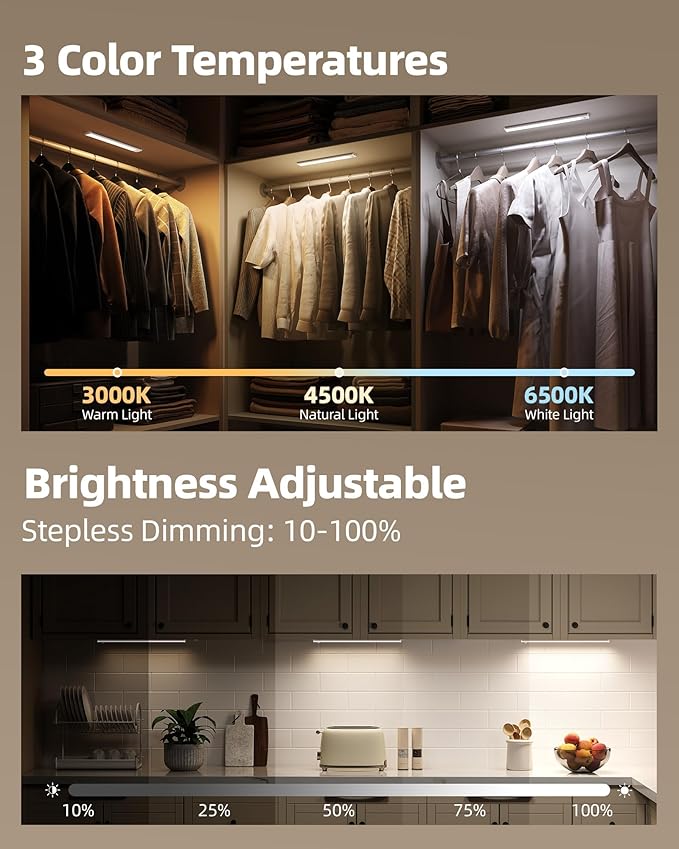 8inch Under Cabinet Lighting Wireless, 3-Pack Rechargeable Battery Motion Sensor Light Indoor, LED Closet Lights USB Charging, 3 Color Dimmable Under Cabinet Lights for Kitchen, Cabinet, Wardrobe.