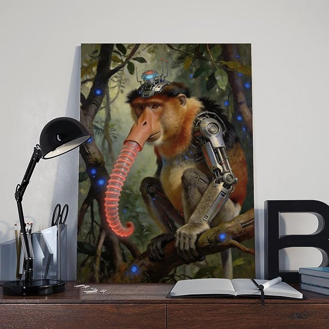 Framed Steampunk Mechanical Proboscis Monkey Wall Art - Jungle Neon Retro Poster for Apartment Leisure Area Decor 12x18inch(30x45cm)