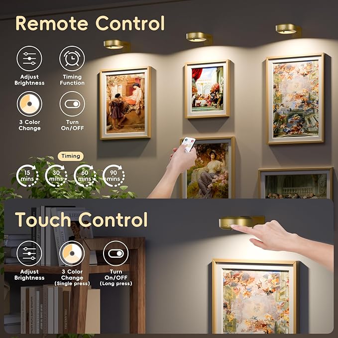 Picture Lights for Wall with Charge Station, 3 Pcs Rechargeable Magnetic Poster Lights with 3 Color Temperatures, Dimmable Timer Painting Wall Decor Light for Art Display, Frame (Gold)