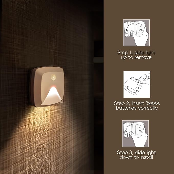 6-Pack Stick-on Motion Sensor Lights, Warm White LED Night Light, Stick-Anywhere Stair Lights, Closet Light, Battery Operated Wall Light for Kitchen, Hallway, Bedroom, Bathroom, Stairs