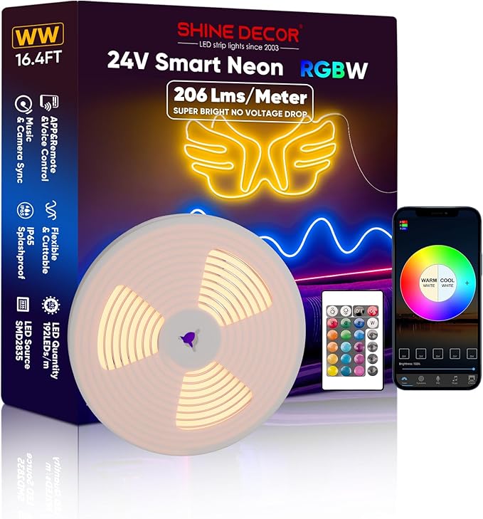 Shine Decor 24V Smart Neon Rope Lights, RGBW Silicone Neon Light Remote APP WiFi Control Music Sync, RGB+Warm White Changing Dimmable LED Neon Strip 16.4FT Flexible Waterproof for Indoor Outdoor