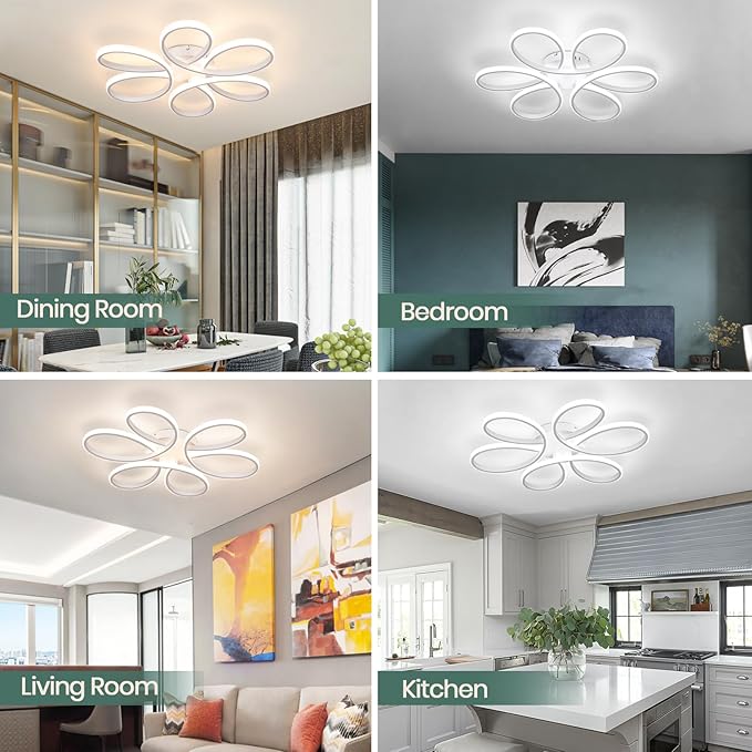 26inch Modern LED Ceiling Light, 6 Rings Flower Flush Mount Light Fixture with Remote Control White Dimmable Ceiling Lamp for Living Room, Bedroom, Dining Room, Hallway, Kitchen