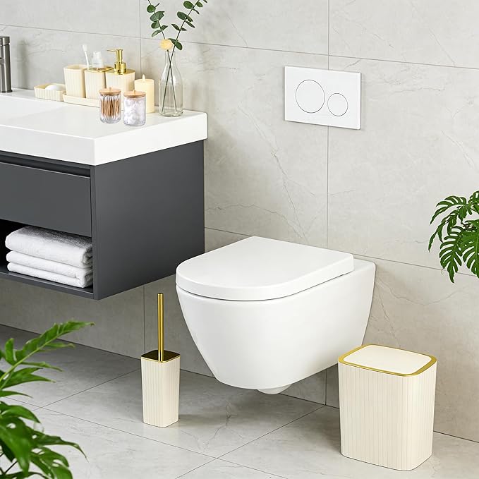Bathroom Accessories Set-9PC Set, Complete Bathroom Decor & Home Decor, Bathroom Set with Toilet Brush, Trash Can, Soap Dispenser,Modern Home Bath (Beige&Gold, Bath Set)