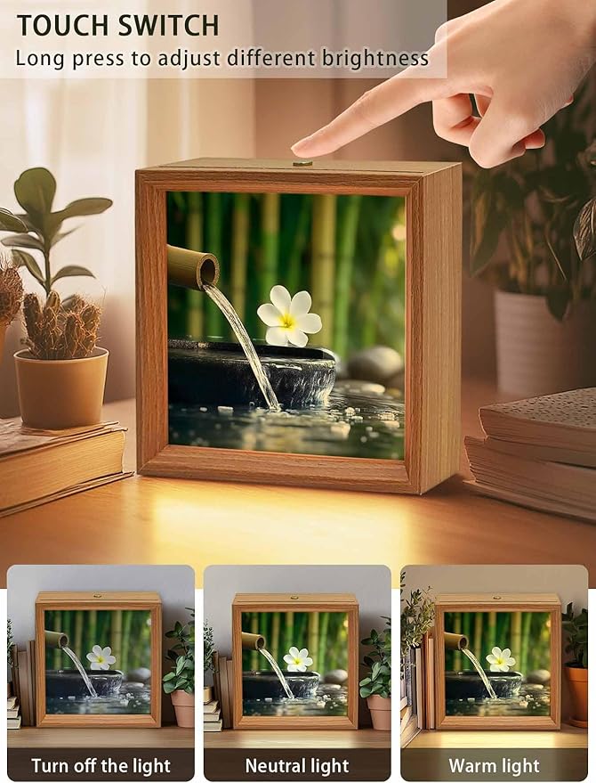 Wood Night Light Box 6.5x6.5in,Zen Meditation Plumeria Flower Table Lights Wooden Picture Frame with USB Rechargeable Touch LED Lights for Home Decor Desktop Display,Flowing Water Forest