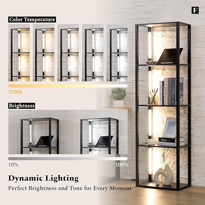 FENLO LED Display Shelf Floor Lamp with Wooden Shelves – Adjustable Lighting with App & Remote – Modern Wide Shelf Lamp for Living Room, Office, or Bedroom Fancy Plus Pro