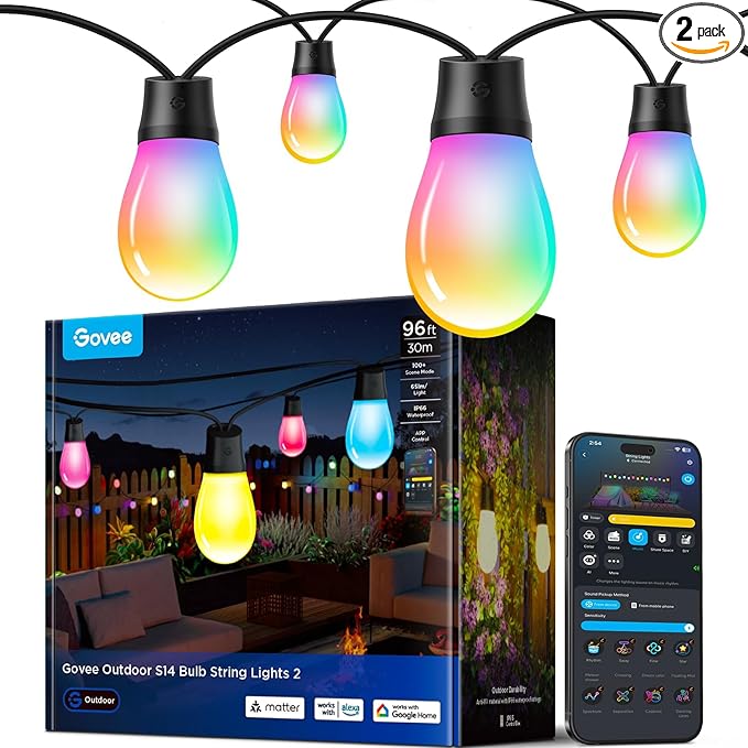 Govee S14 Bulb Outdoor String Lights 2, 96ft Smart RGBIC Warm White Patio Lights with 15 LED Bulbs, 111 Scene Modes for Outdoor Decor, Upgraded IP66 Compatible with Alexa, Google, Matter, APP Control