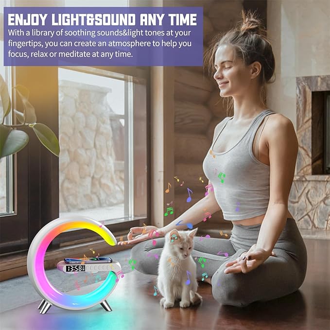 Smart LED Bedside Table Lamp with Bluetooth Speaker & App Control | 15W Wireless Charging Dock | Sunrise Alarm Clock, Night Light & Ambient Sound | Modern Bedroom Home Decor
