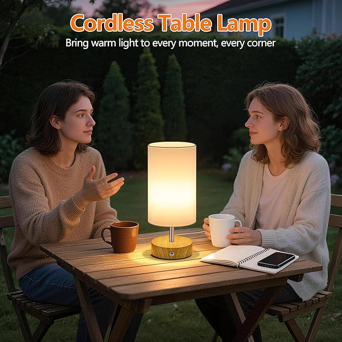 TOBUSA Cordless Table Lamp, Rechargeable 6000mAh Battery Operated Bedside Lamp, Portable Touch LED Desk Lamp Dimmable, Wireless Lamp with Wood-Grain Base, Modern Night Light for Bedroom, Bulb Included