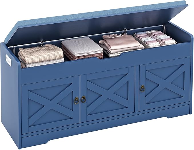 Farmhouse Shoe Storage Bench with Cushion Seat, 3-Tier Entryway Bench with Lift Top Storage and Adjustable Shelf, Bench for Hallway, Bedroom, Blue
