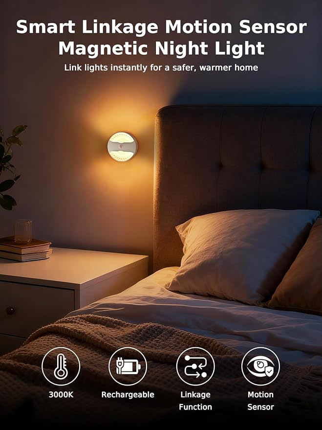 Smiling Shark BR168 Linkage Motion Sensor Night Light LED Smart Linked PIR & Light Sensing, Rechargeable Magnetic Stick-On Connected Smart Warm Night Step Lights for Bedroom Hallway Stairs, 3 Pack