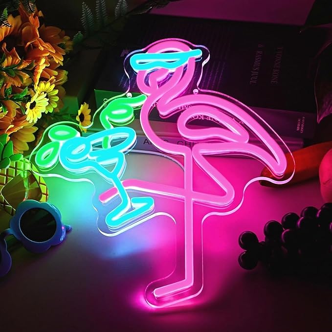 Drink LED Neon Sign Flamingos Cocktail Dimmable Sign for Wall Decor Light Up Sign USB Adjustable Brightness Animal Neon Light for Living Room Bars Pub Club Gatherings Art Wall Decor