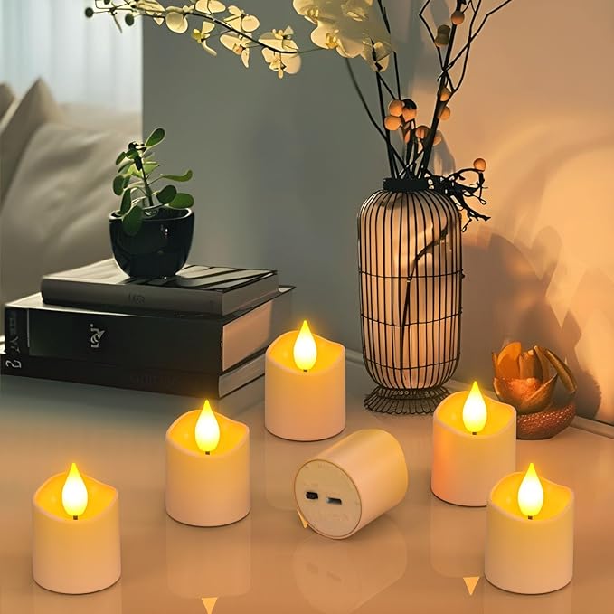 Yme Rechargeable Tea Lights Candles with Charger Storage Base, 6 Pack Battery Operated LED Flameless Votive Candles with Remote Timer for General Room Home Lantern Weddings Emergency Party Decor