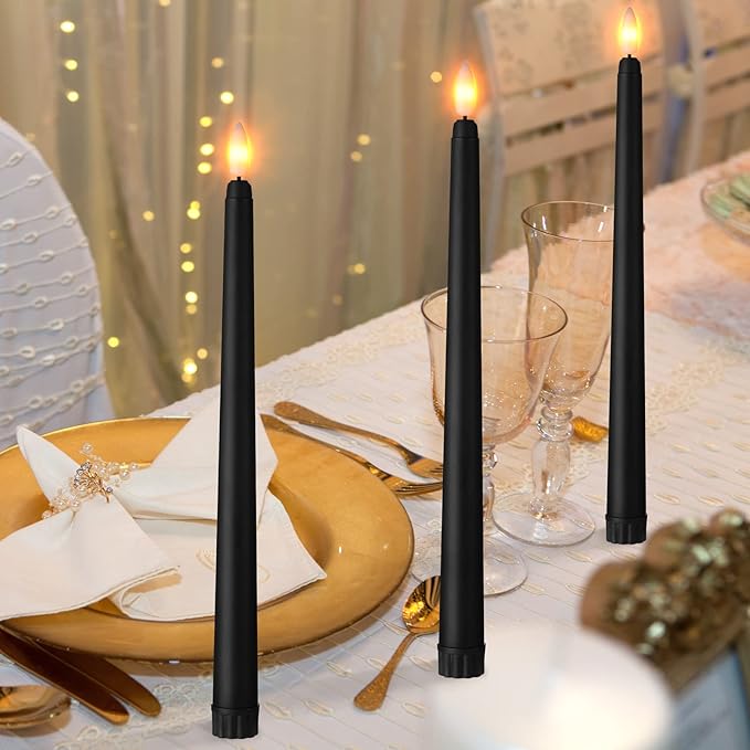 Macarrie 24 Packs Flameless Taper Candles Battery Operated Fake 11 Inch Long Candlelight LED Flameless Candlesticks Flickering Tapered for Spring Summer Wedding(Black)