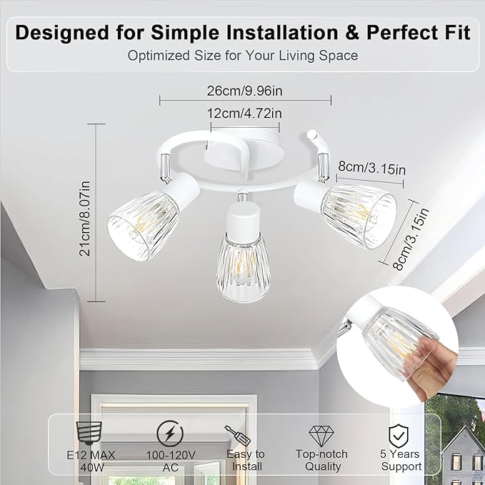 HiBay 3-Light Track Lighting White, Directional Modern Ceiling Light Fixture w/Glass Shades, Flush Mount Ceiling Spotlight Indoor for Kitchen, Bedroom, Living Room, E12 Base, No Bulbs