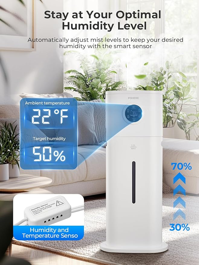 Humidifier for Large Room Home, 12L/3.17Gal Top Fill Cool Mist Ultrasonic Floor Quiet Humidifiers for Baby and Plants with Customized Humidity, Timer, Sleep Mode, Auto Shut Off, Quiet, White