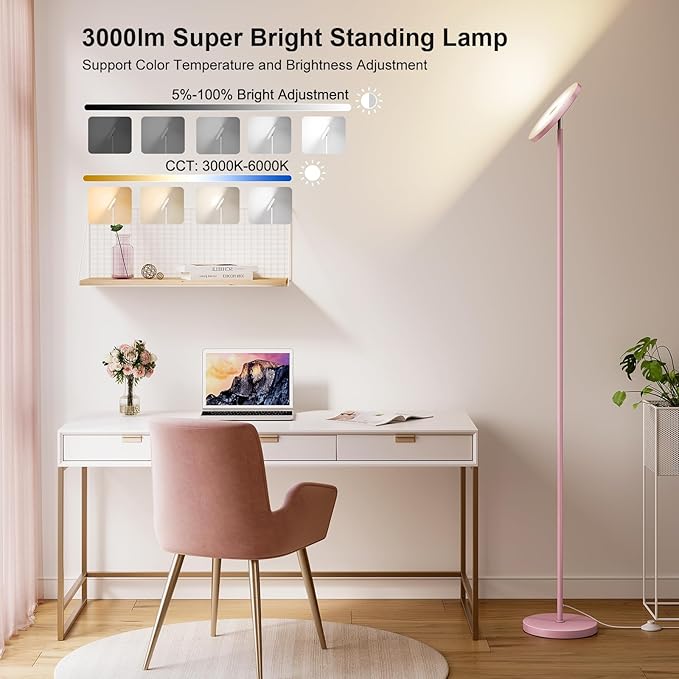 SUNMORY Soft Pink Torchiere Floor Lamp for Bedroom and Office – Elegant Standing Lamp with Modern Design, Perfect for Ambient Lighting in Living Spaces