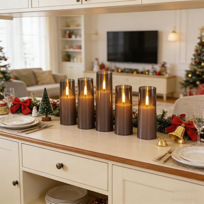 8 Packs Flameless Candles, Battery Operated with Remote, Arcylic Ribbed LED Flickering Candles, Realistic Dancing Flame Pillar Candles for Home, Wedding, Christmas Party D2.2 (Grey)