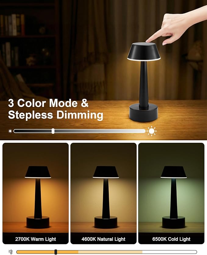 Cordless Rechargeable Table Lamp Small Battery Operated Lamp for Restaurant, 3 Color Stepless Dimmable LED Touch Lamp Portable Night Lights for Bedside Living Room Kitchen Bar Outdoor Patio Décor