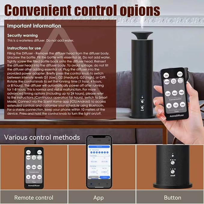 Waterless Diffuser Machine Scent Air Machine Covers 1800 Sq Ft for Home Diffusers Essential Oil Diffusers Studio Scent Diffuser Large Room Fragrance App Remote Control Capacity 3.5 Oz Carbon Black