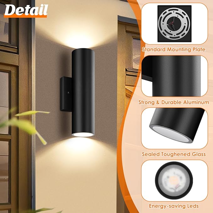 GoBright Outdoor Wall Lights, 12W 3000K Integrated LED Cylinder Up Down Lights, 1200LM Super Bright Waterproof Exterior Wall Sconce, 2-Pack Modern Black Outside Wall Lantern for Porch Patio Garage