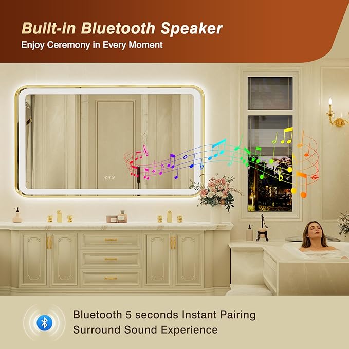 32x55 Inch Gold Framed LED Bathroom Mirror with Lights, Built-in Bluetooth Speaker,Tempered Glass,Dimmable Lighted Bathroom Vanity Mirror with 3 Colors, Backlit + Frontlit, Memory, Anti-Fog