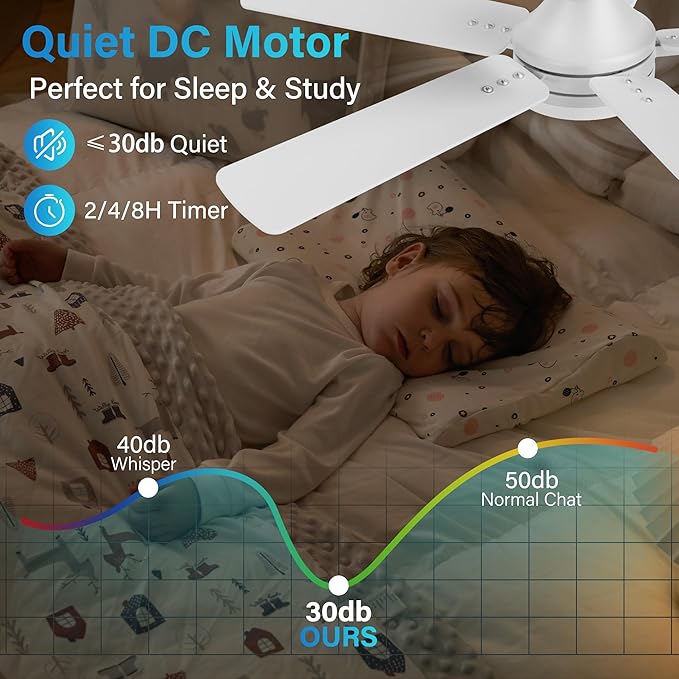 42 Inch Ceiling Fan with Lights and Remote,Flush Mount Ceiling Fan with APP Control,Quiet DC Motor,Dimmable LED/RGB,Low Profile Ceiling Fans for Bedroom,Modern Indoor,Patio,White and Wood Blades