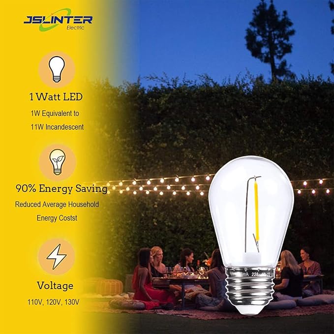 Jslinter 100 Pack Edison Bulb String Lights Outdoor, S14 Replacement Bulbs for Outdoor String Lights Waterproof 1W, E26 Base Led Light Bulb, 2700K Warm White Light Bulbs for Patio